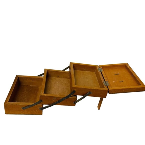 Vintage Wooden Expandable Sewing Box With Floral Design Hinged Lid 3 Tears 4 1/2 - Picture 4 of 11